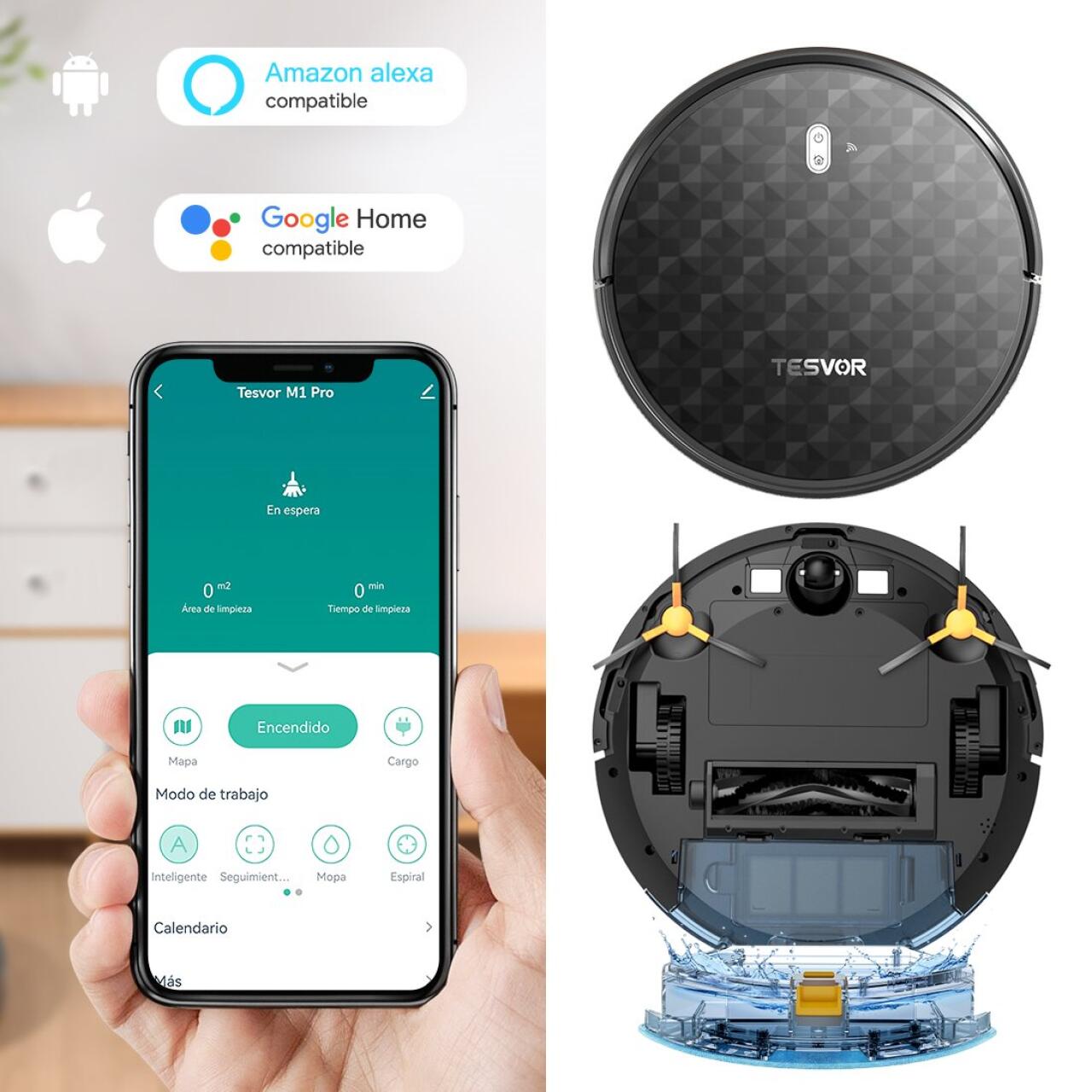 Robot aspirador Tesvor M1 Pro con 4000 Pa de potencia, robot aspirador inalámbrico con mapa de la habitación en tiempo real.